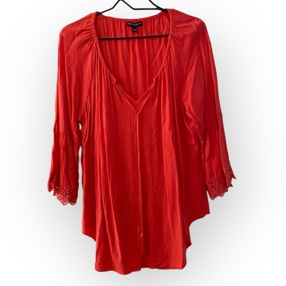 Cable & Gauge Tops - Cable and Gauge Blood Orange Tie V Neck Blouse with Lace Trim Sleeves Large